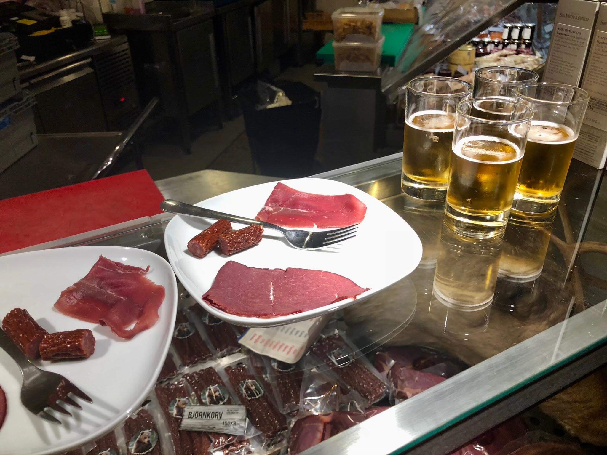 eating reindeer in a stockholm market